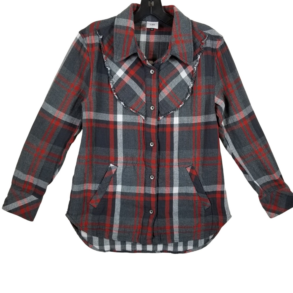 Cabi Plaid Ruffle Bib Button Down Shirt Red Grey White 4164‎ Small